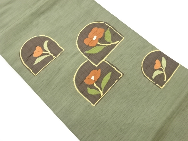 手織り紬椿に幾何学模様織出し名古屋帯